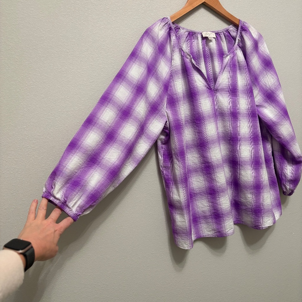 LOFT Purple White Plaid Split Neck Peasant Blouse XL EUC - Picture 3 of 7